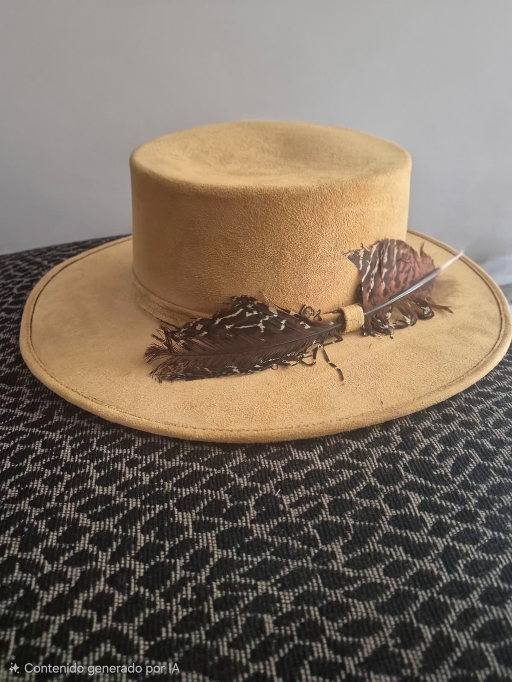 Men's Suede Wide-Brim Hat with Feathers - Tan